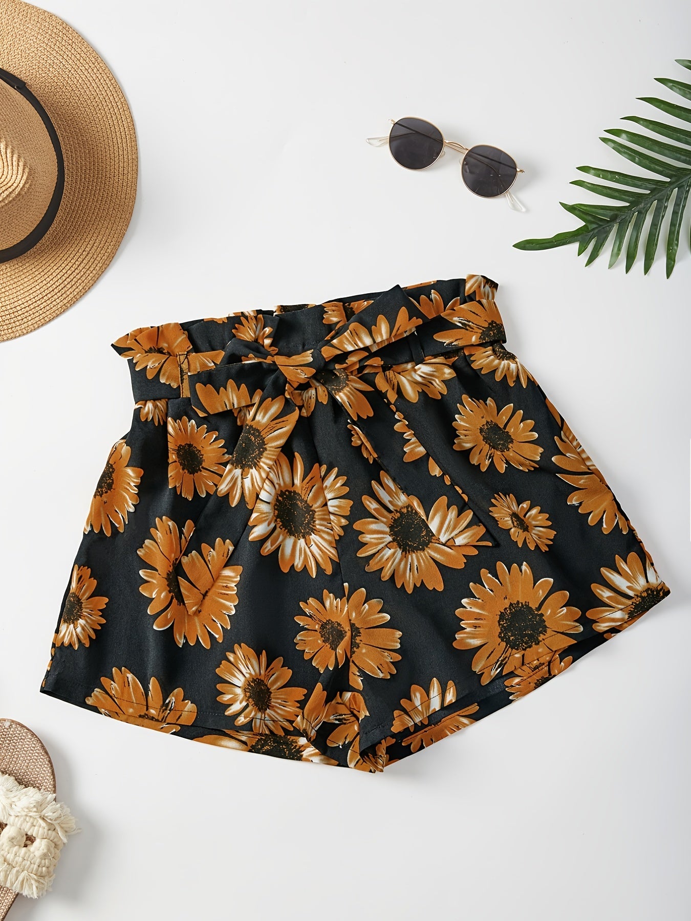 Sunflower Print Tie Waist Shorts for Spring & Summer