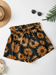 Sunflower Print Tie Waist Shorts for Spring & Summer