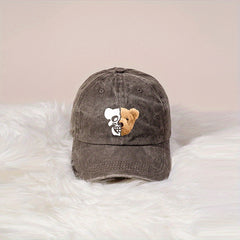 Skull Bear Print Baseball Cap Washed Distressed Cotton Sports Hat