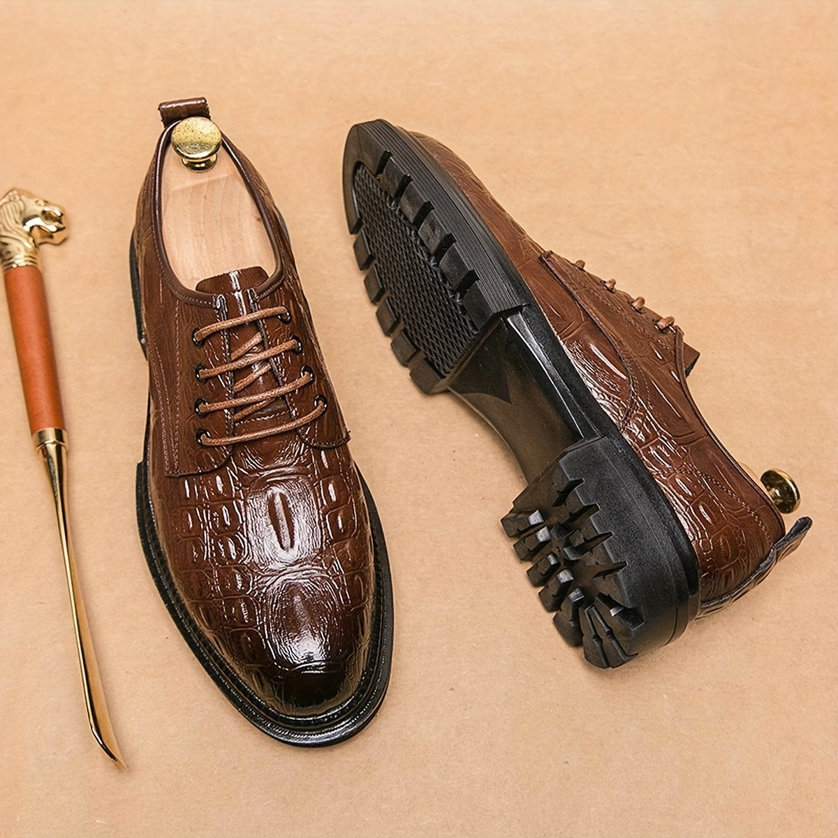 Men's Crocodile Pattern Derby Shoes Wear resistant Non Slip Formal Shoes