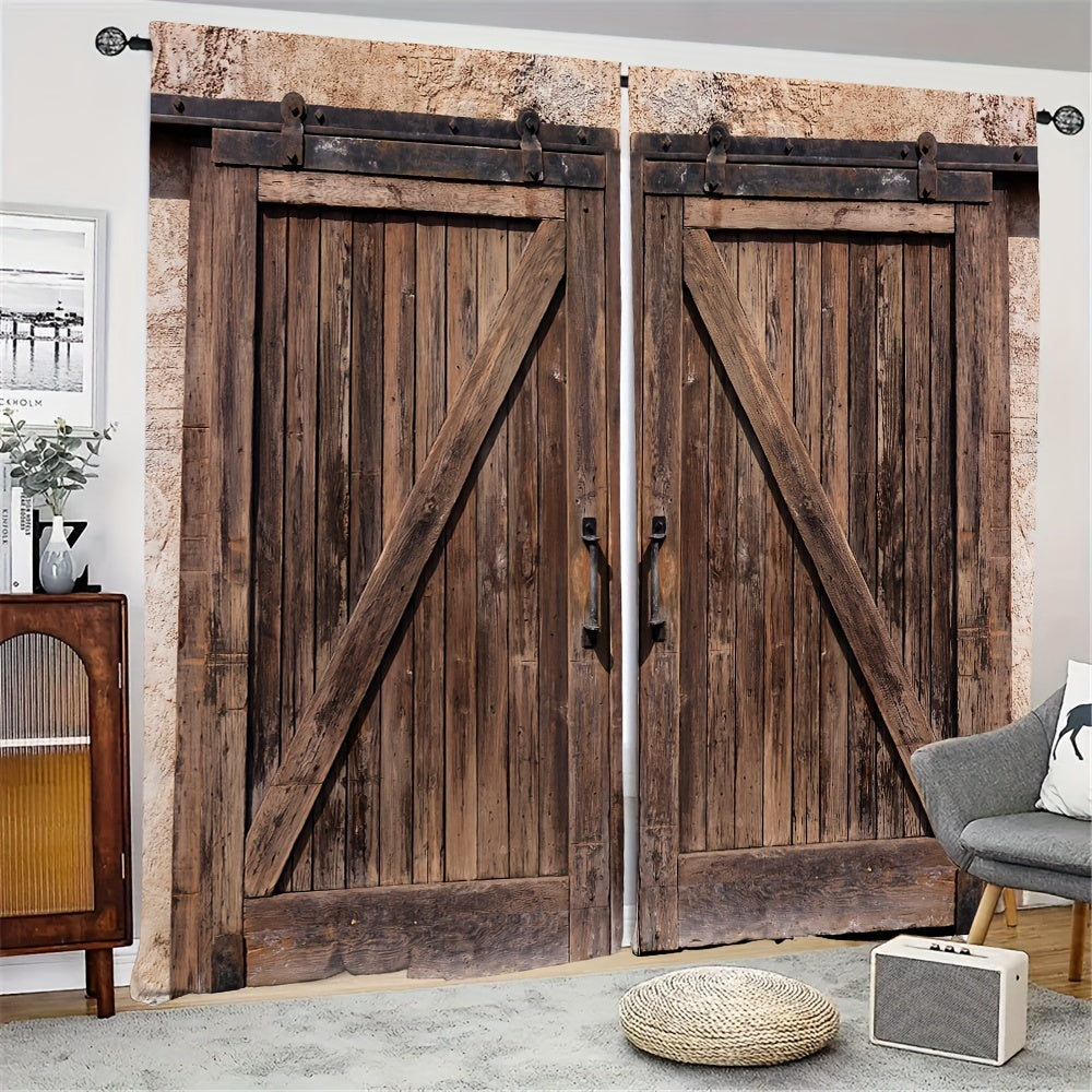 2pcs Vintage Wooden Door Printed Window Curtains - Rod Pocket Style