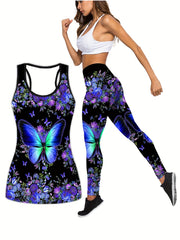 Women's Plus Floral & Butterfly Print Racer Back Tank Top & Leggings Set