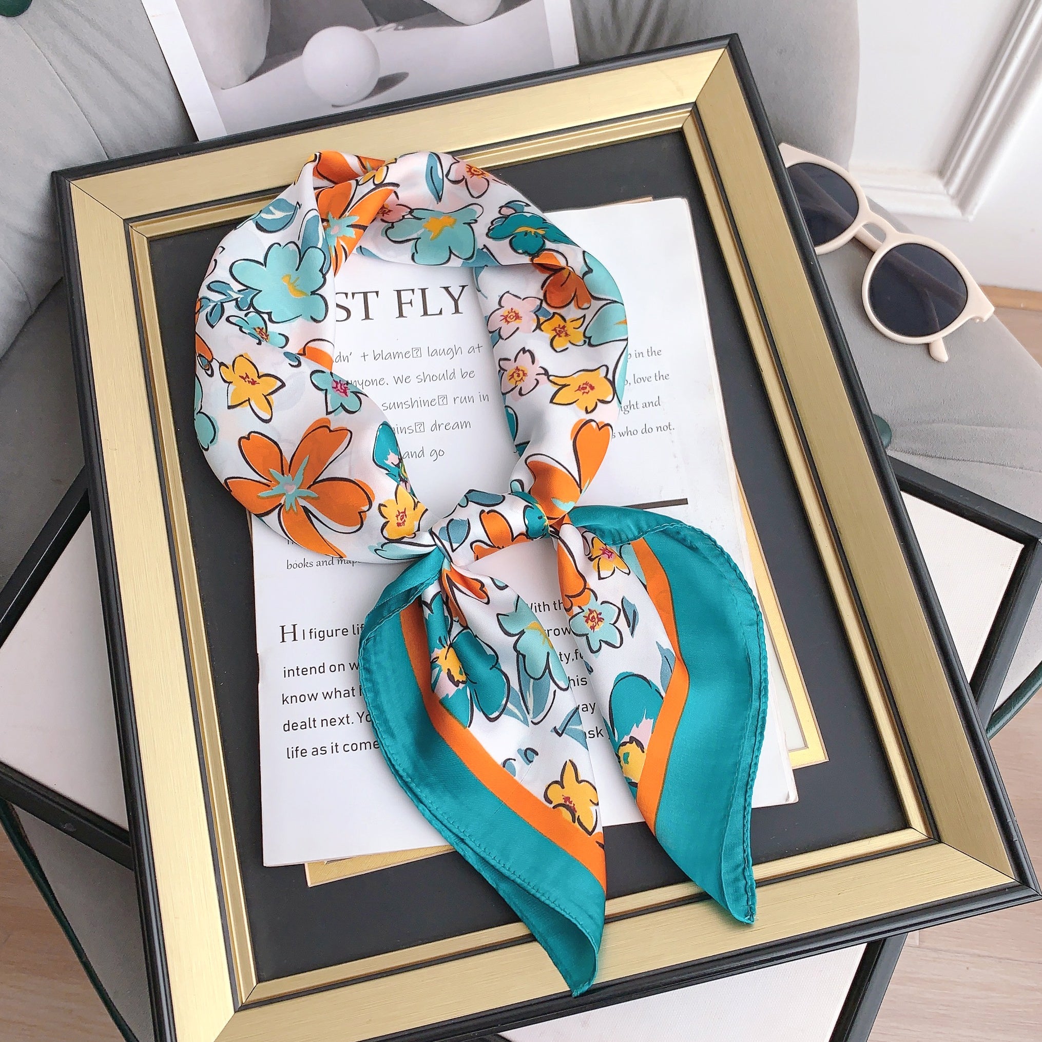 70cm Flower Graffiti Print Bandana Satin Square Scarf