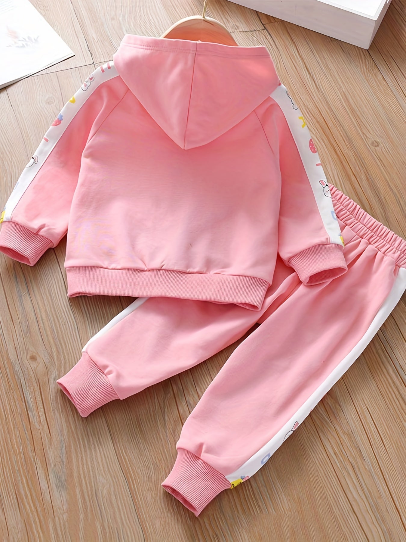 Girl's Cartoon Cat Print Hooded Jacket & Sweatpants Set