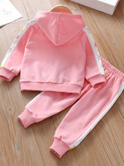 Girl's Cartoon Cat Print Hooded Jacket & Sweatpants Set