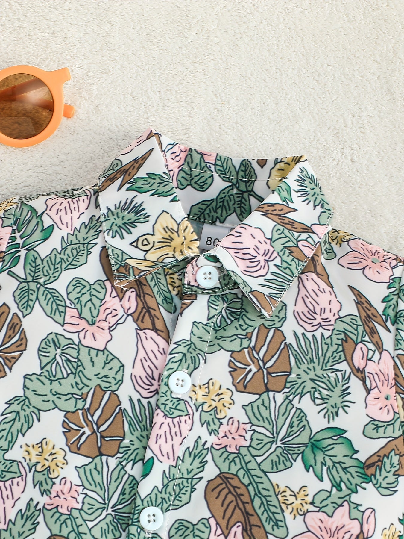 2pcs Baby Boys Floral Leaf Print Short Sleeve Shirt & Shorts Set