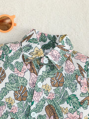 2pcs Baby Boys Floral Leaf Print Short Sleeve Shirt & Shorts Set