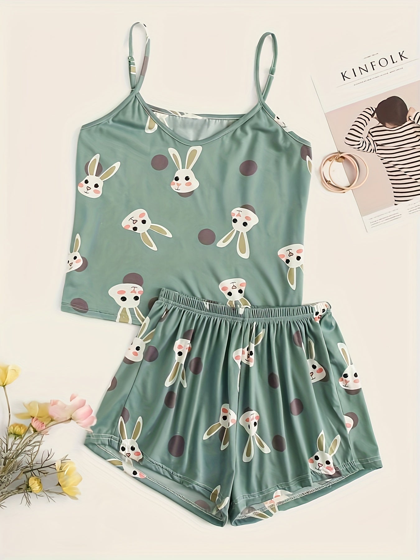 Cartoon Rabbit Print V Neck Cami & Shorts Plus Size Pajama Set