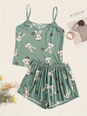 Cartoon Rabbit Print V Neck Cami & Shorts Plus Size Pajama Set