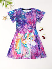 Girls Unicorn Print Flutter Sleeve Dress For Party Summer Kids Clothes