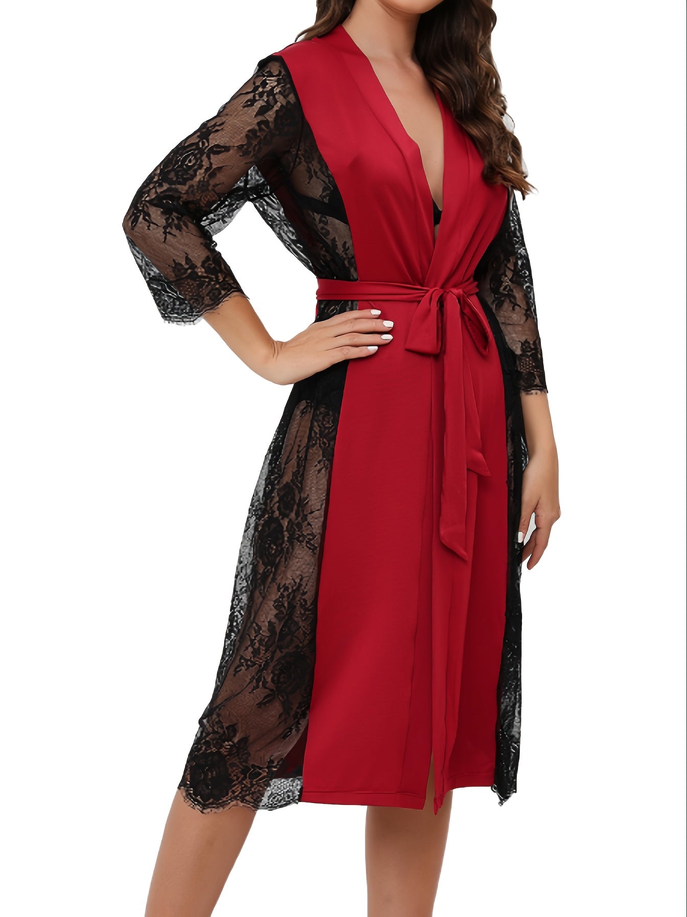Lace Stitching Lounge Robe V Neck Long Sleeve with Belt Women's Loungewear