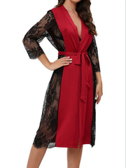 Lace Stitching Lounge Robe V Neck Long Sleeve with Belt Women's Loungewear