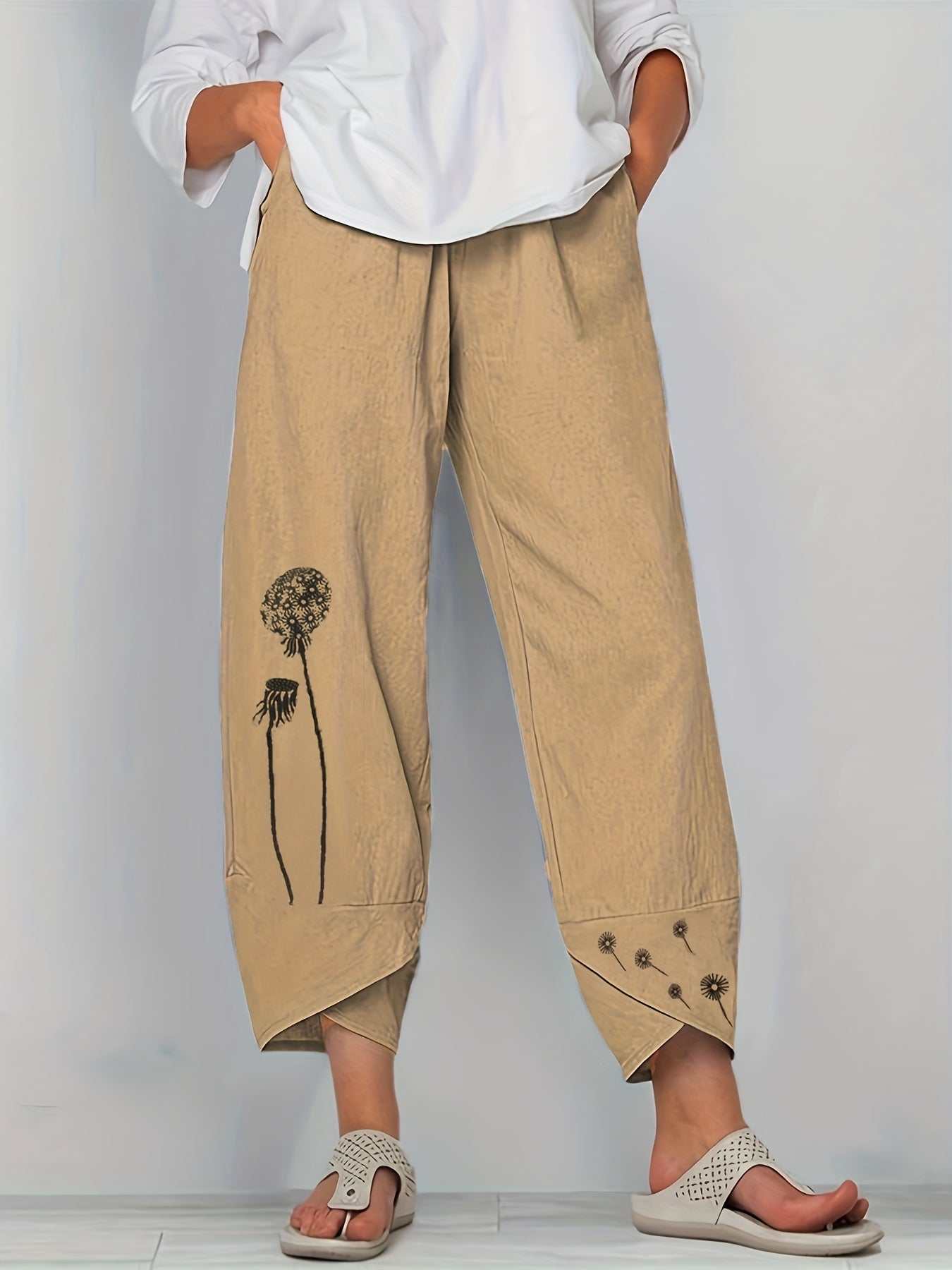 Boho Dandelion Print Harem Pants High Waist Summer Cropped Pants
