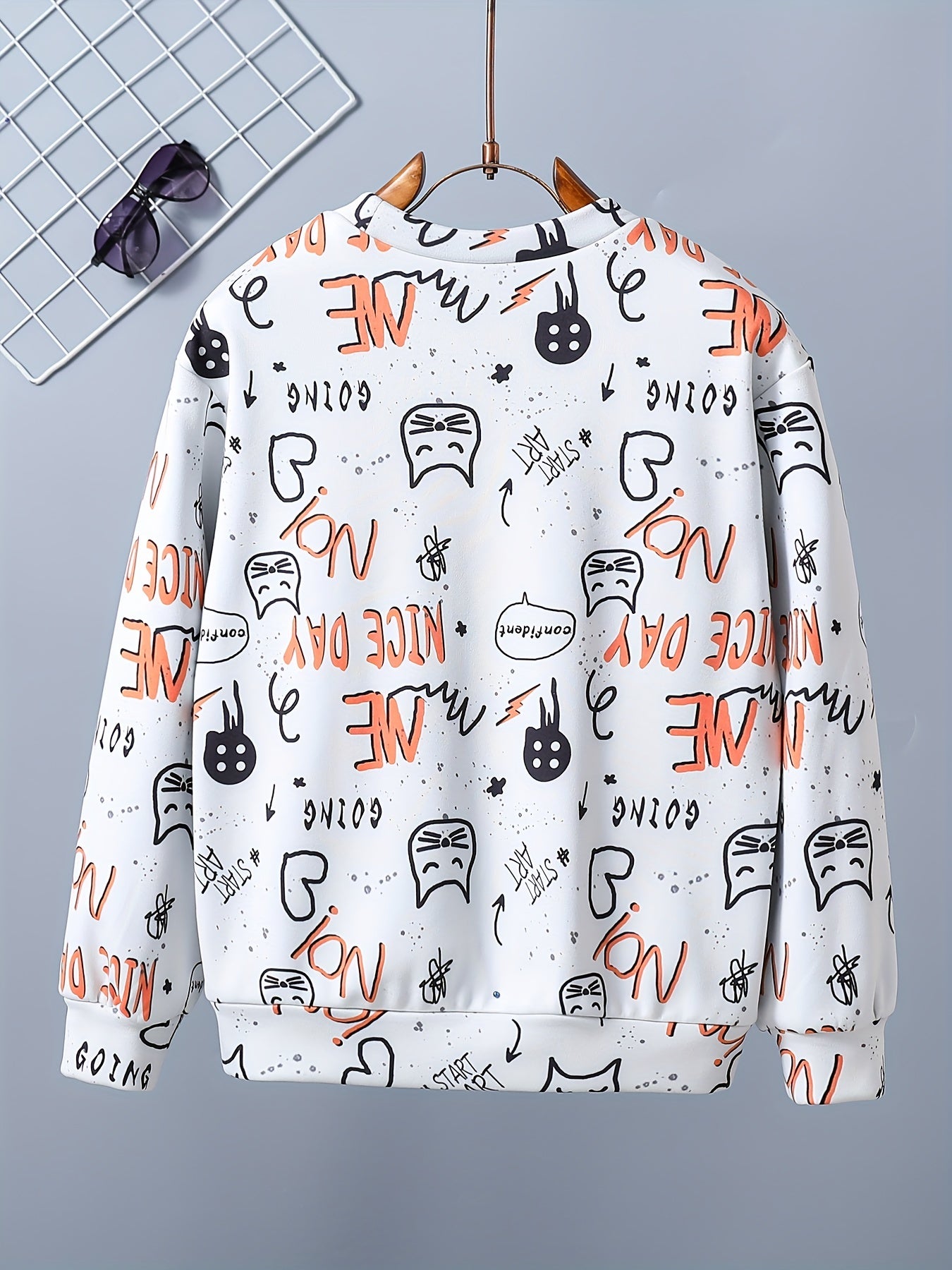 Letter And Cat Boys Full Print Sweatshirt Crew Neck Tops