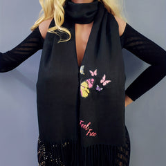 Butterfly & Letter Decor Fringe Trim Scarf Casual Shawl Wrap