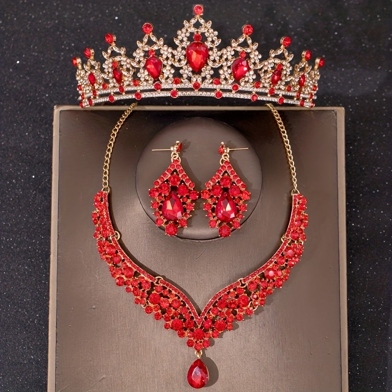 Red Crystal Bridal Jewelry Rhinestone Tiara Set for Women Bride Wedding