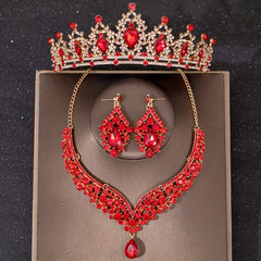 Red Crystal Bridal Jewelry Rhinestone Tiara Set for Women Bride Wedding
