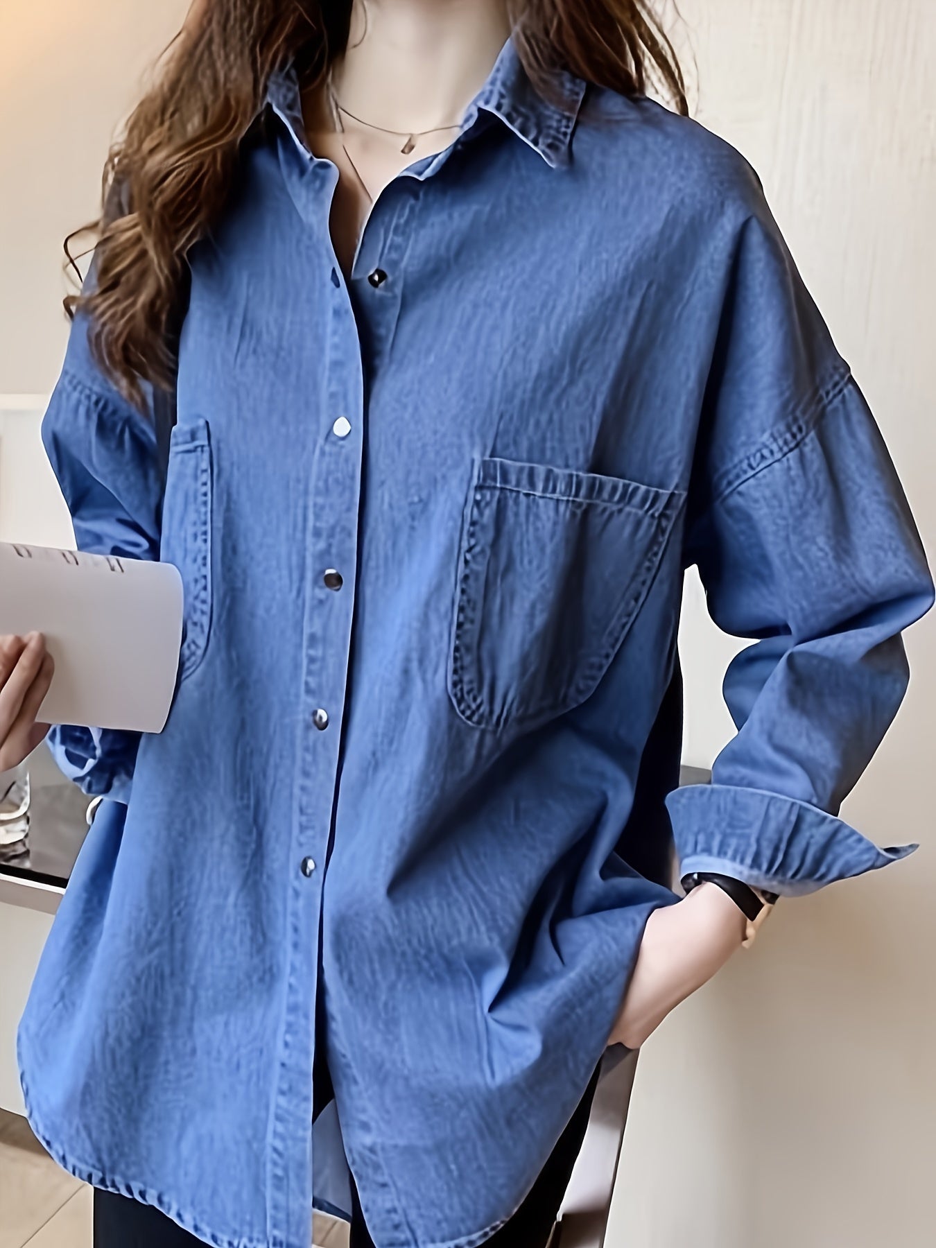 Casual Denim Top Women's Button Down Roll Up Sleeve Blouse