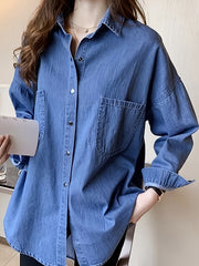 Casual Denim Top Women's Button Down Roll Up Sleeve Blouse