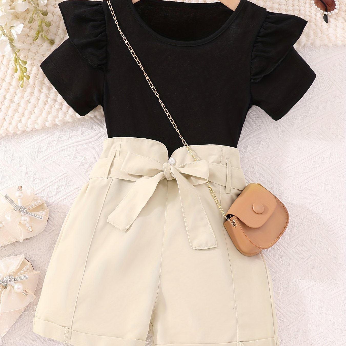 Girl's Ruffle Short Sleeve T shirt & Shorts Set with Bow Belt