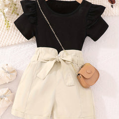 Girl's Ruffle Short Sleeve T shirt & Shorts Set with Bow Belt