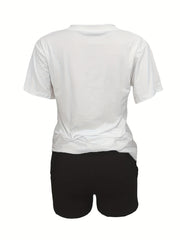 Love Print Matching Two piece Set Casual Short Sleeve T shirt & Biker Shorts