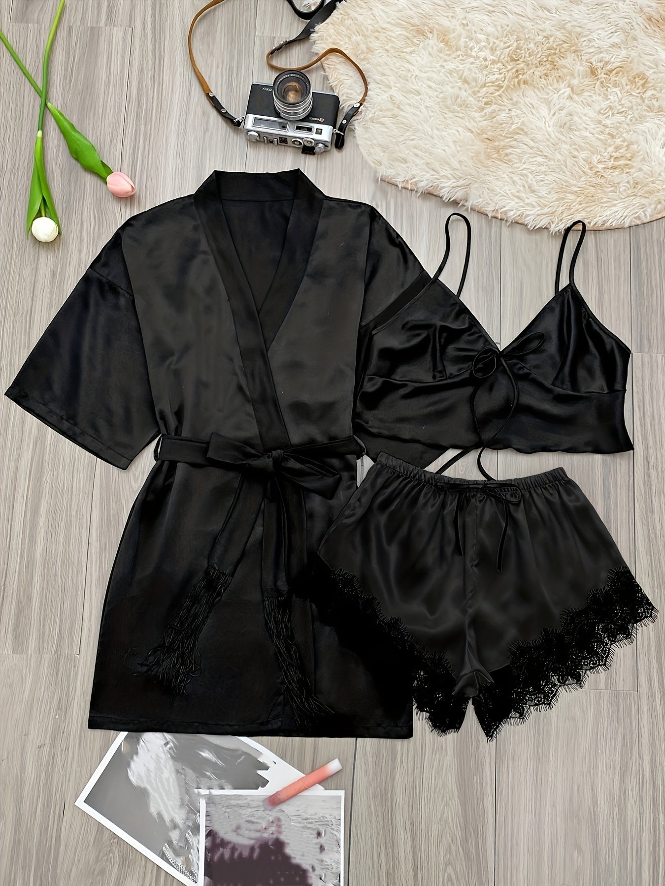 3 Piece Satin Pajama Set with Lace Trim Shorts