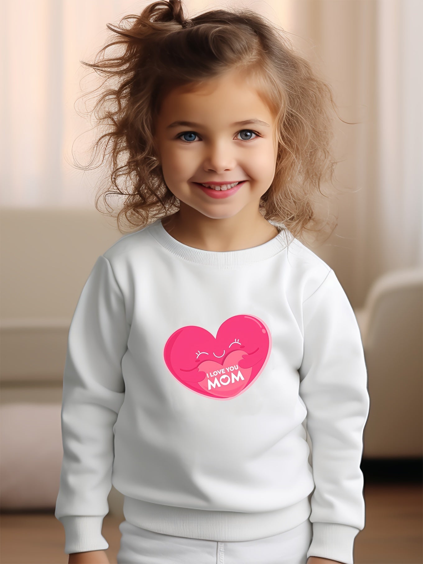 Girls Heart Pattern Crew Neck Sweatshirt For Spring Fall