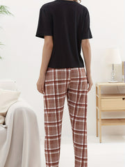 Bear Print Pajama Set Top & Plaid Pants