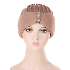 Colorful Women Head Scarf Turban Hat Rhinestone Beanie Pleated Headwrap