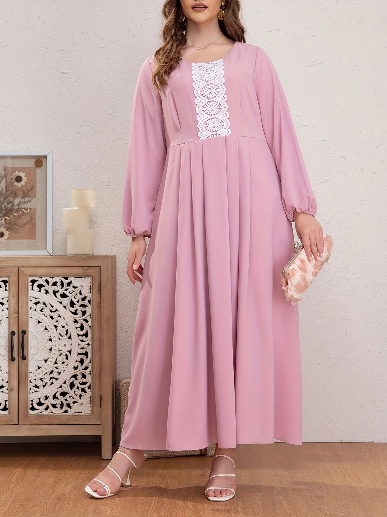 Colorblock Lace Panel Long Sleeve Maxi Dress
