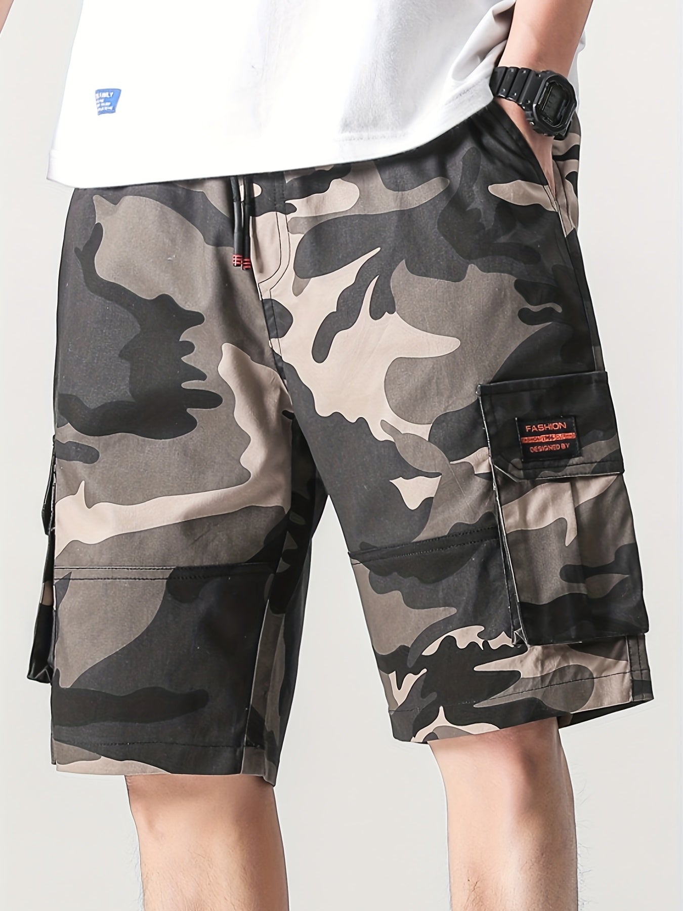 Men's Camo Cargo Shorts Elastic Waist Drawstring Summer Outdoor