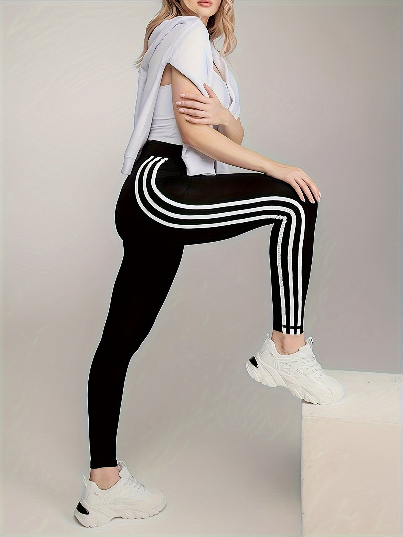 High Waist Yoga Pants with Side Stripes, Tummy Control