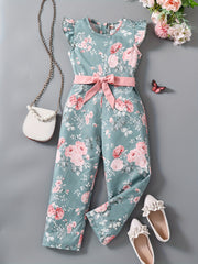 Toddler Girls Flowers Flutter Sleeve Rompers Wide Leg Jumpsuits