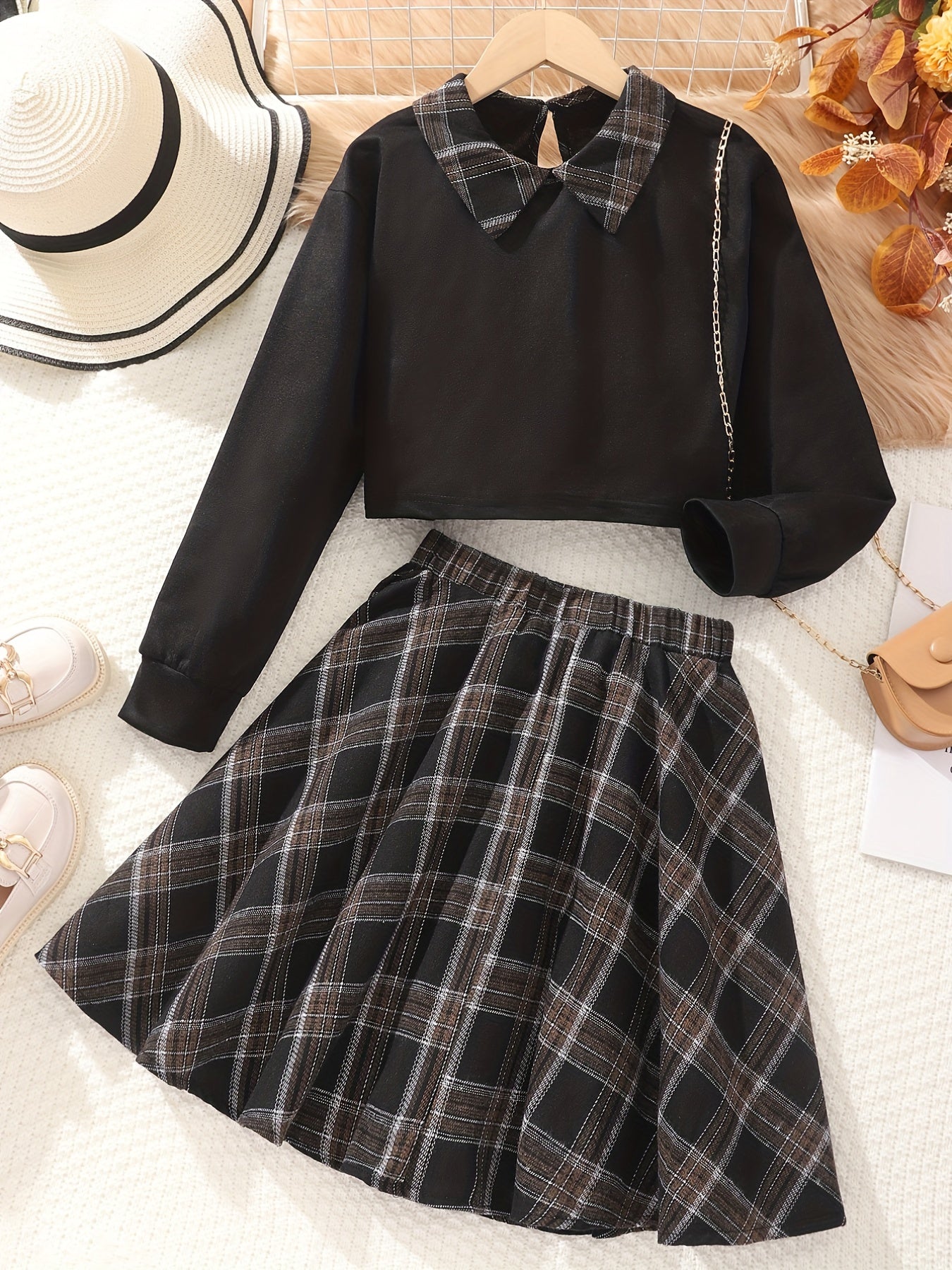Girls Colorblock Plaid Sweatshirt Top Plaid Skirt Set