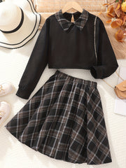 Girls Colorblock Plaid Sweatshirt Top Plaid Skirt Set