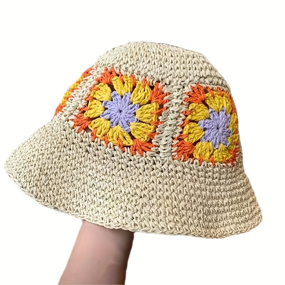 Sunflower Crochet Bucket Hat Straw Fisherman Cap Women Sunscreen Beach Hats