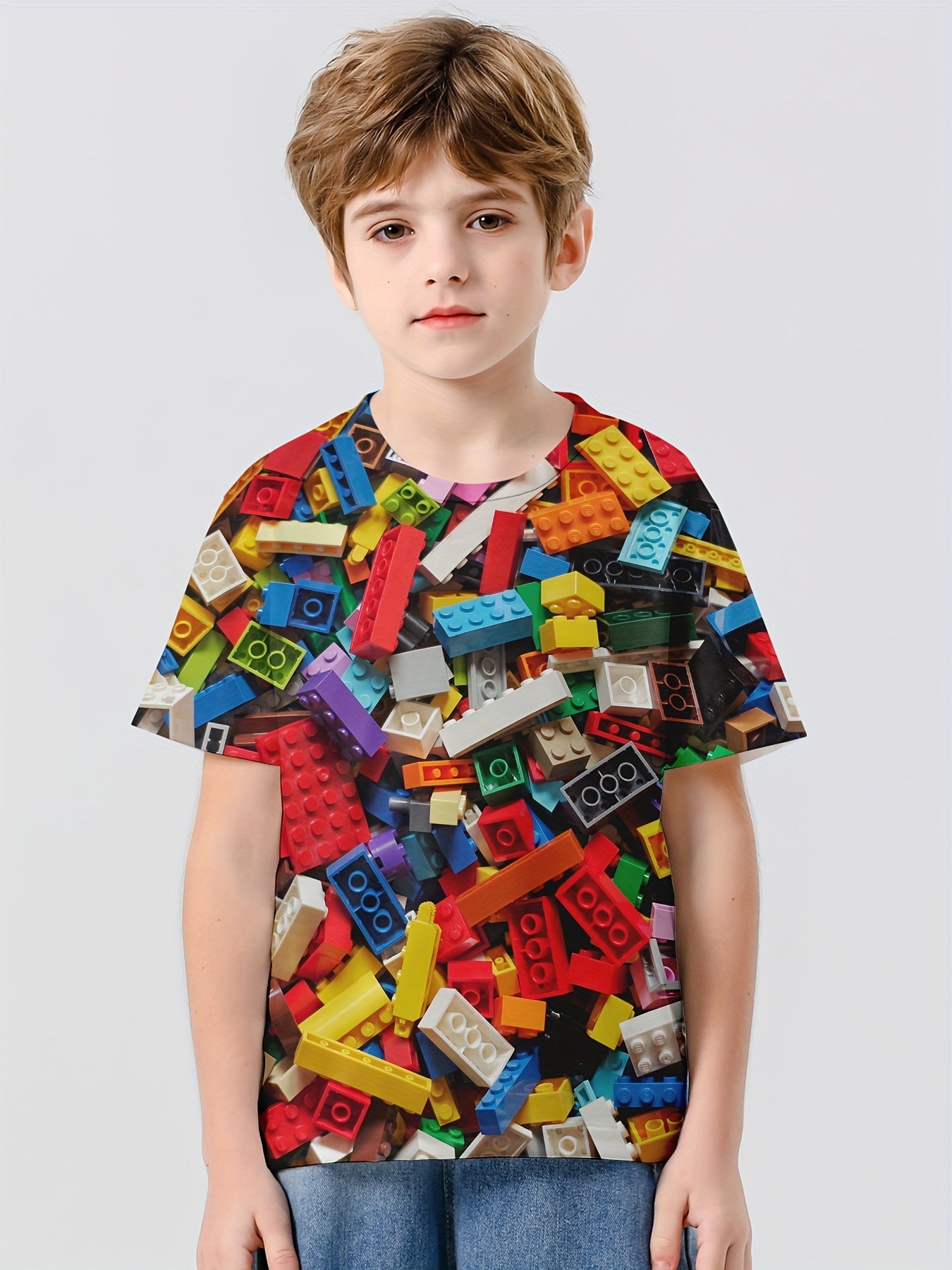 Boys' 3D Building Blocks Graphic T Shirt Active Stretchy Tee