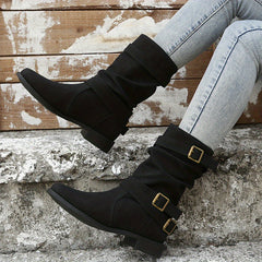 Women's Buckle Strap Chunky Heel Cowboy Boots