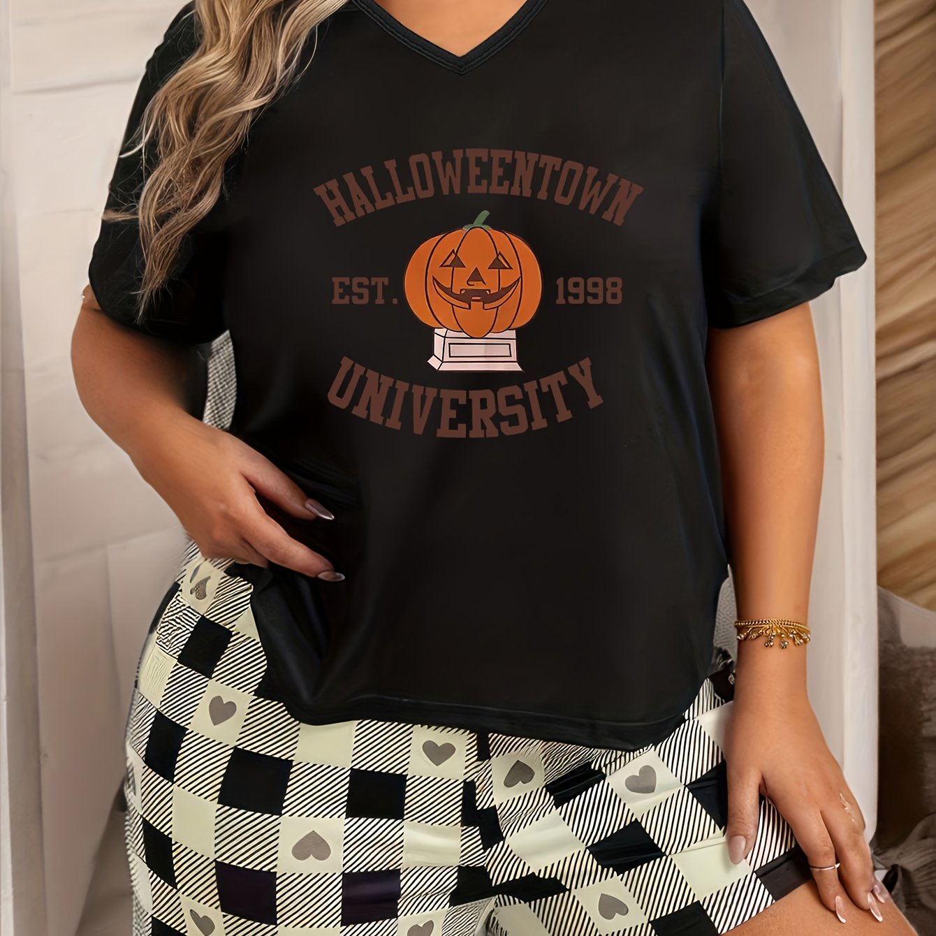 Halloween Lounge Top Women's Plus Funny Pumpkin V Neck Pajama Top