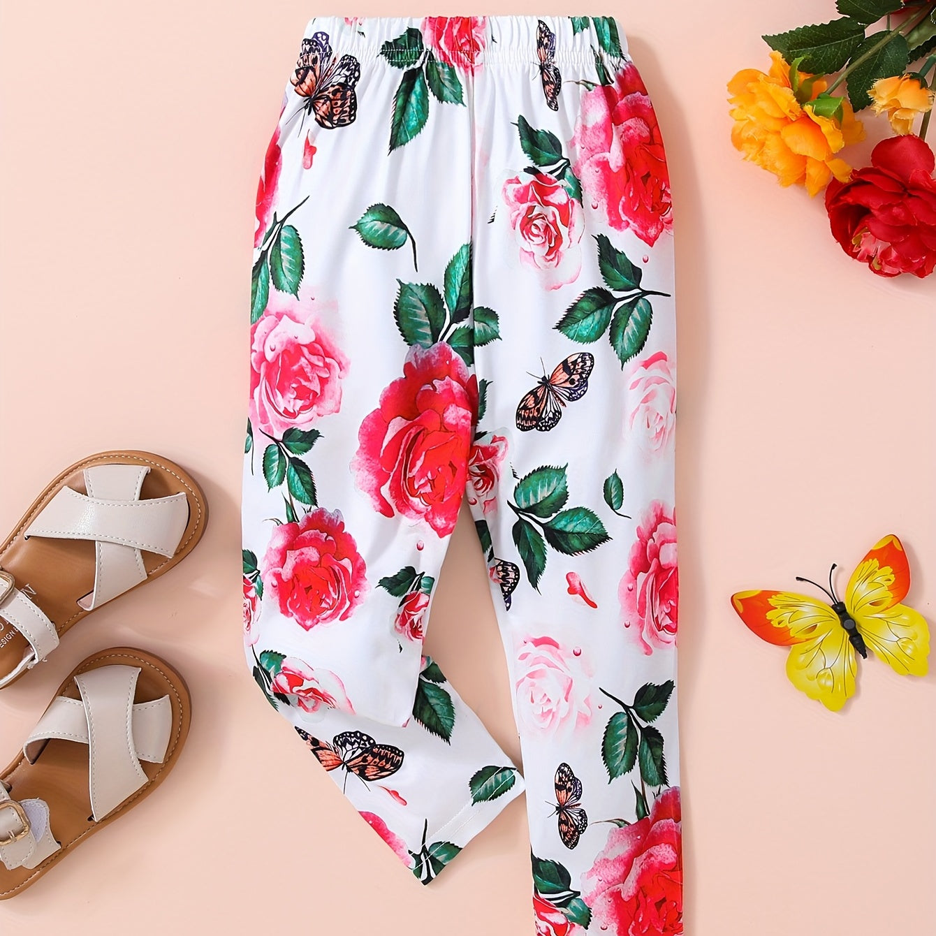 Baby Girls Floral Butterfly Elastic Waist Pants for Summer Spring