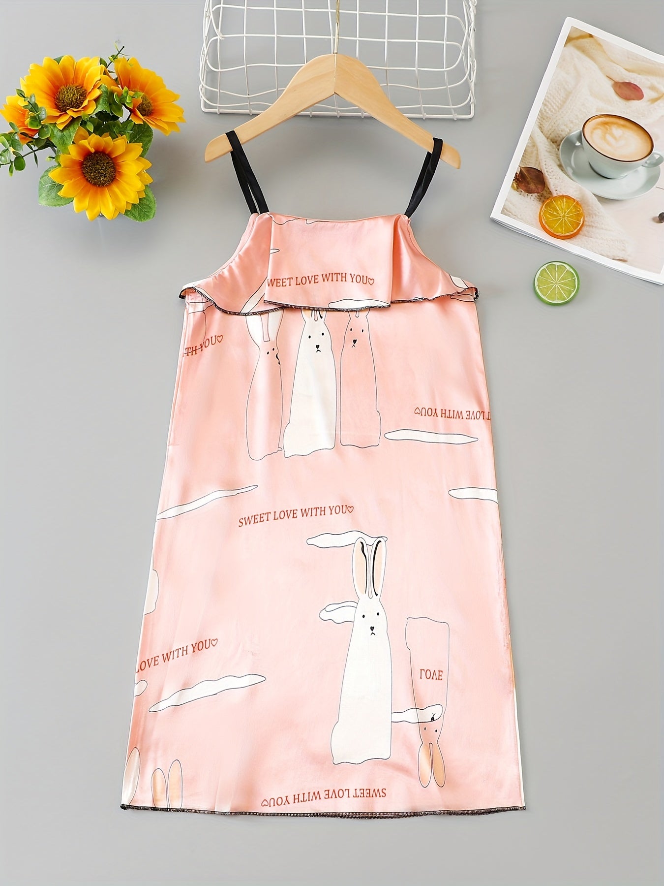 Girl's Rabbit Graphic Camisole Dress Kids Nightgown