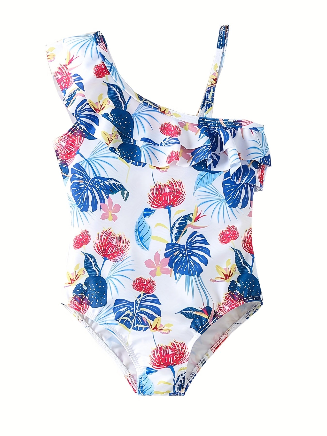 Girls' Green Floral One Shoulder Swimsuit with Ruffled Trim