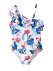 Girls' Green Floral One Shoulder Swimsuit with Ruffled Trim