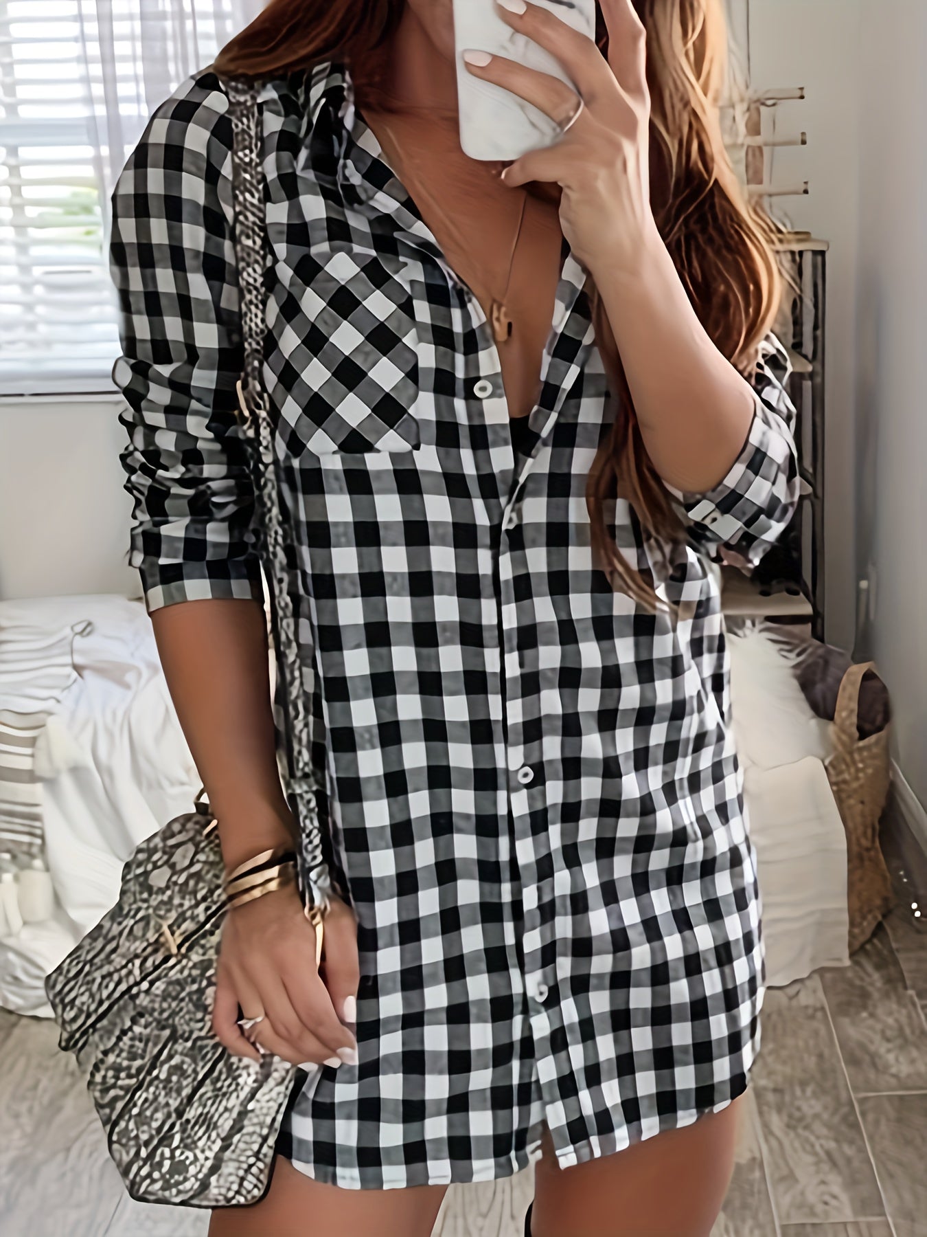 Gingham Print Button Up Long Sleeve Shirt Dress