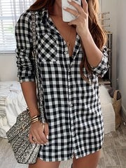 Gingham Print Button Up Long Sleeve Shirt Dress