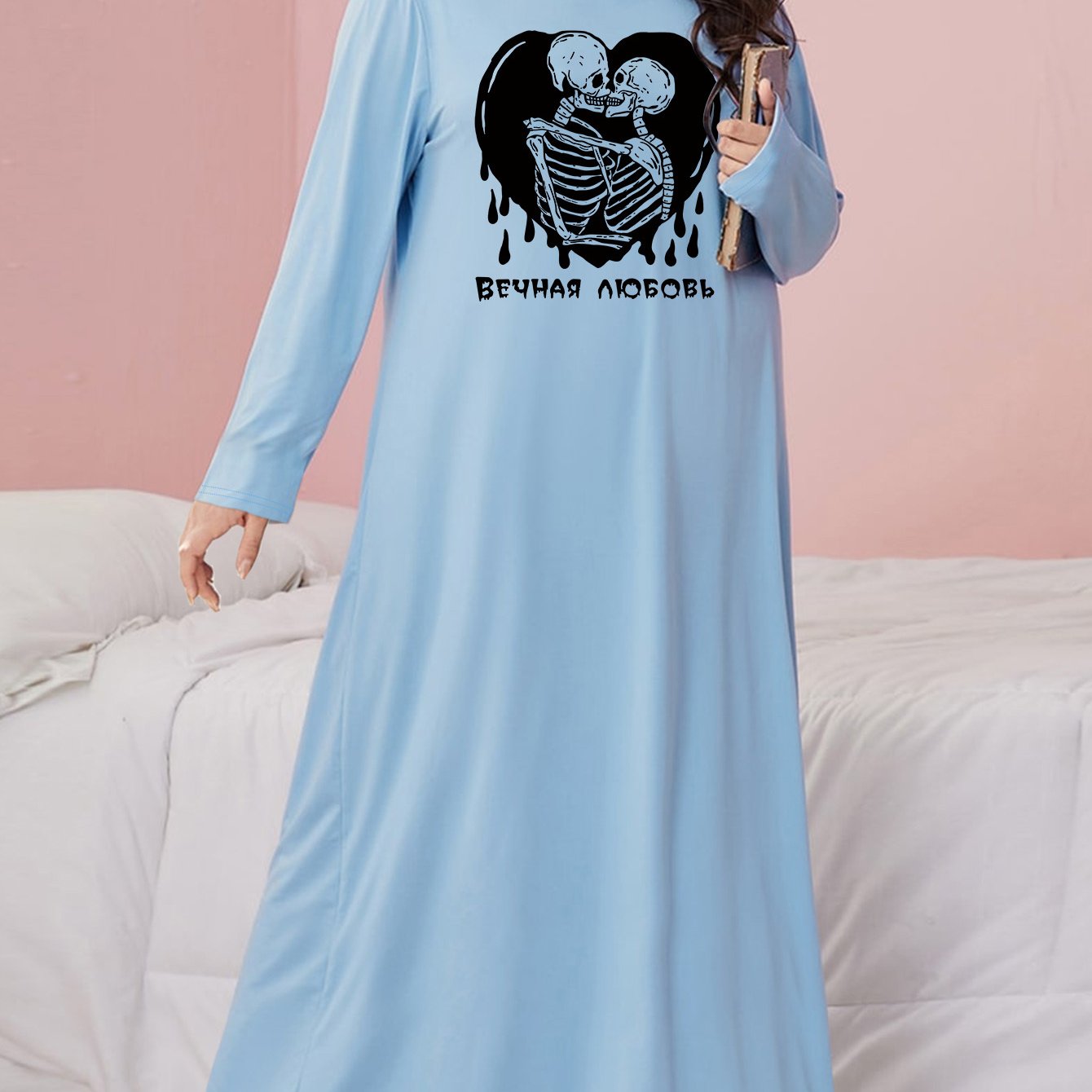 Gothic Nightdress Skull & Heart Print Round Neck Loose Fit Sleep Dress