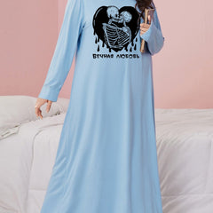 Gothic Nightdress Skull & Heart Print Round Neck Loose Fit Sleep Dress