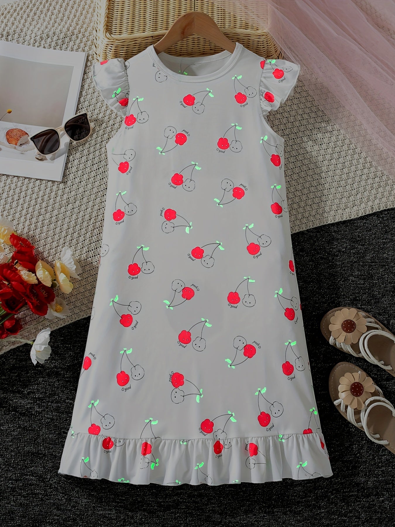 Girls Cherry Print Sleeveless Nightdress Ruffle PJ Round Neck Dress