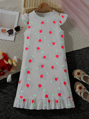 Girls Cherry Print Sleeveless Nightdress Ruffle PJ Round Neck Dress